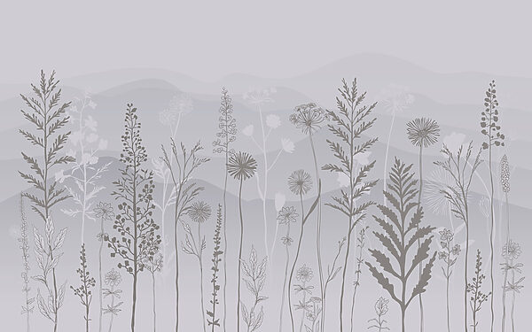 Grey and white background with plants and mountains Grey and white background with plants and mountains