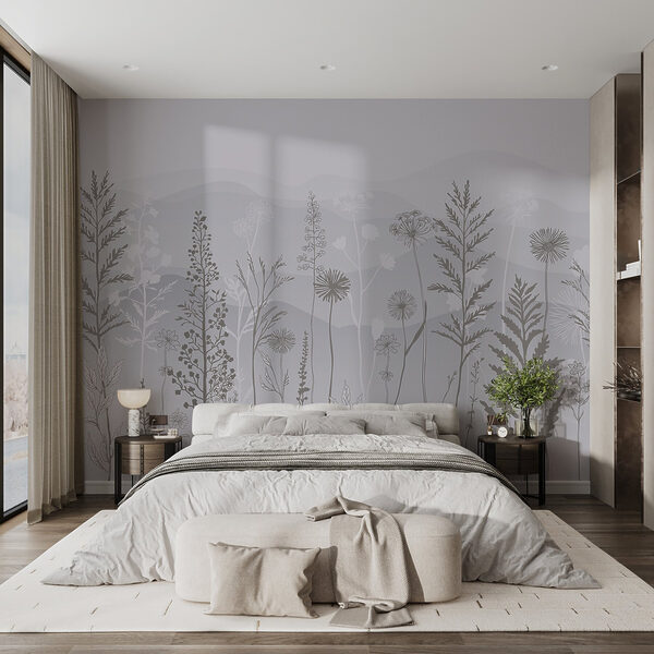 Grey and white background with plants and mountains Grey and white background with plants and mountains