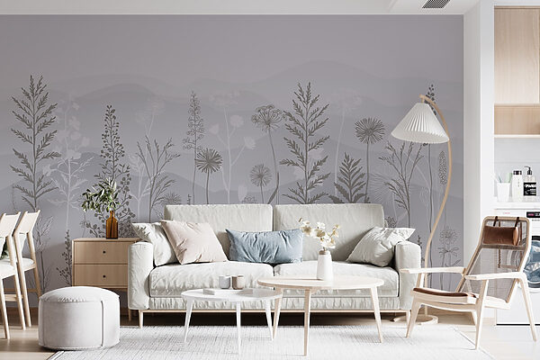 Grey and white background with plants and mountains Grey and white background with plants and mountains
