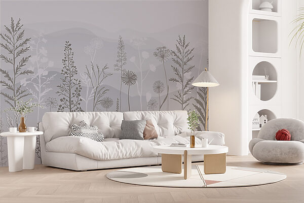 Grey and white background with plants and mountains Grey and white background with plants and mountains