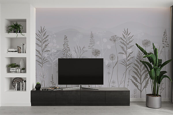 Grey and white background with plants and mountains Grey and white background with plants and mountains