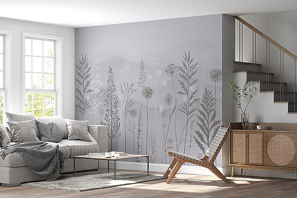 Grey and white background with plants and mountains Grey and white background with plants and mountains