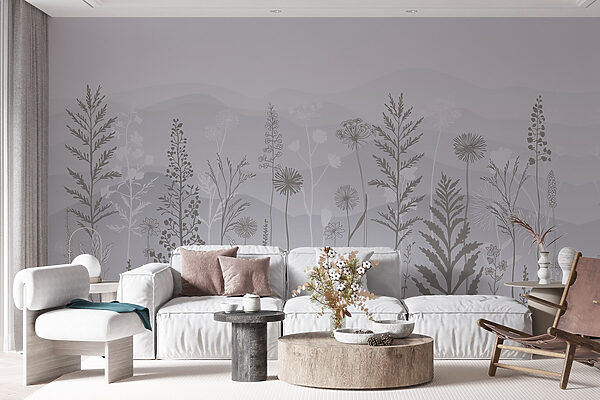 Grey and white background with plants and mountains Grey and white background with plants and mountains