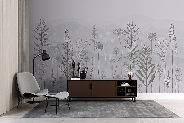 Grey and white background with plants and mountains Grey and white background with plants and mountains