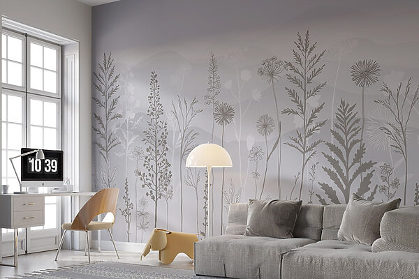 Grey and white background with plants and mountains Grey and white background with plants and mountains