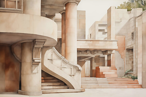 Painting of a building with stairs and steps Painting of a building with stairs and steps