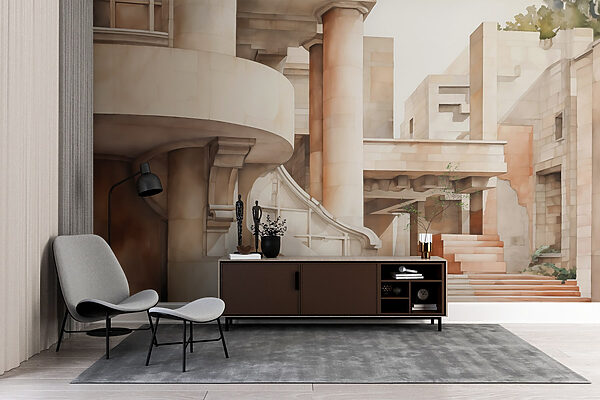 Painting of a building with stairs and steps Painting of a building with stairs and steps