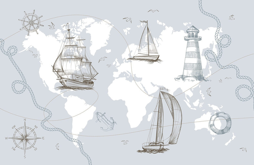 Map of the world with different ships Map of the world with different ships