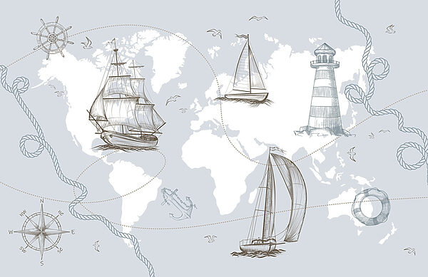 Map of the world with different ships Map of the world with different ships