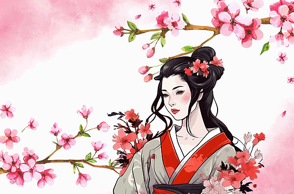 Woman in a kimono with flowers Woman in a kimono with flowers