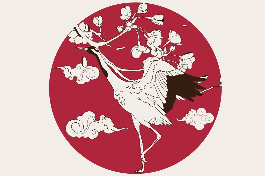 Bird with a tree branch and clouds