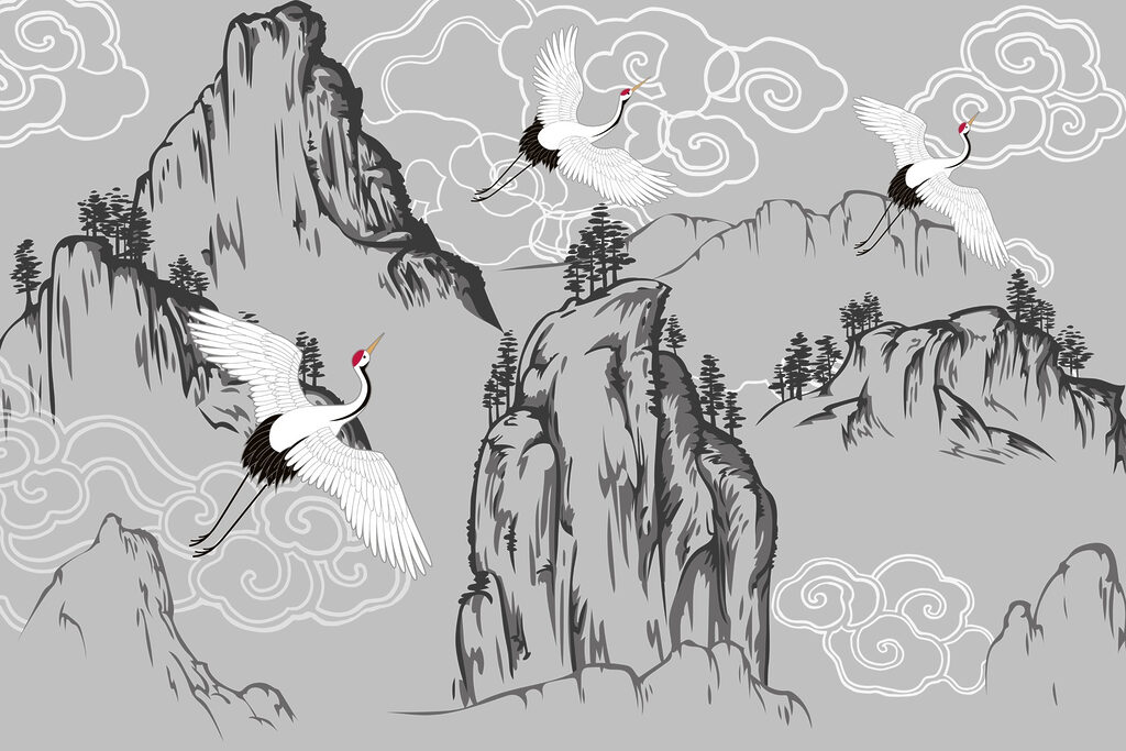 Wallpaper with cranes and mountains Wallpaper with cranes and mountains