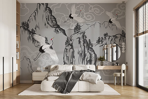 Wallpaper with cranes and mountains Wallpaper with cranes and mountains