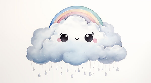 Cartoon of a cloud with a rainbow and raindrops Cartoon of a cloud with a rainbow and raindrops