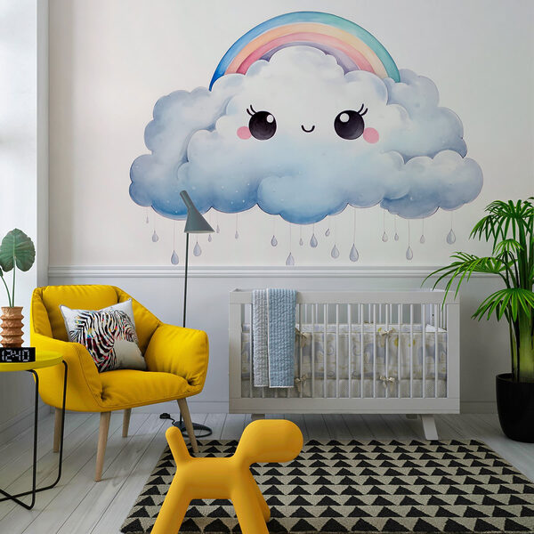 Cartoon of a cloud with a rainbow and raindrops Cartoon of a cloud with a rainbow and raindrops