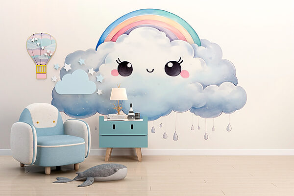 Cartoon of a cloud with a rainbow and raindrops Cartoon of a cloud with a rainbow and raindrops