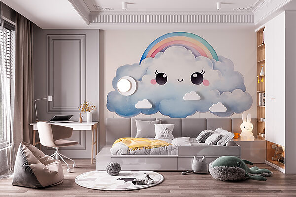 Cartoon of a cloud with a rainbow and raindrops Cartoon of a cloud with a rainbow and raindrops
