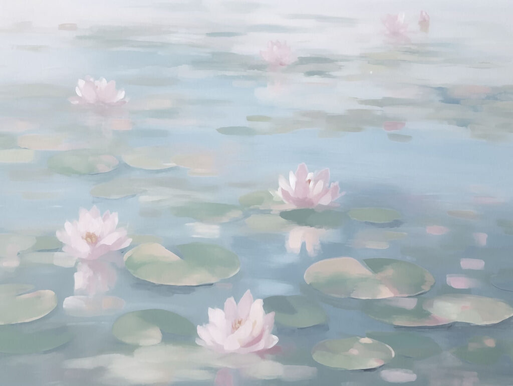 Water with lily pads and pink flowers Water with lily pads and pink flowers