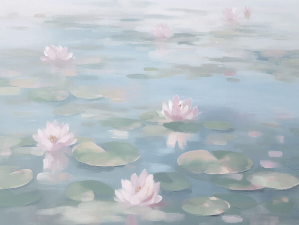 Water with lily pads and pink flowers Water with lily pads and pink flowers