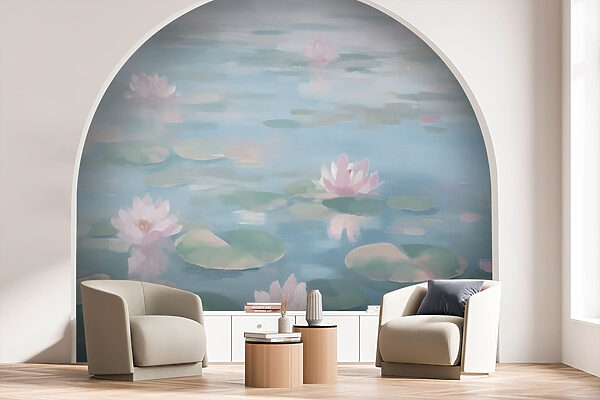 Water with lily pads and pink flowers Water with lily pads and pink flowers