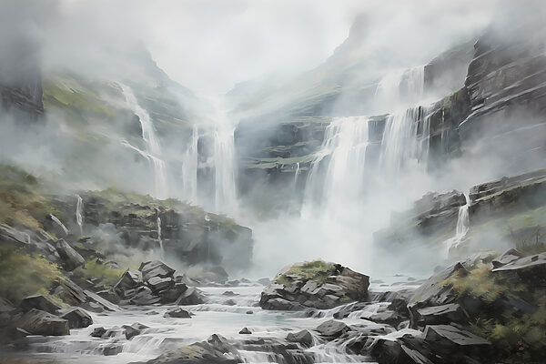 Waterfall in foggy mountains Waterfall in foggy mountains