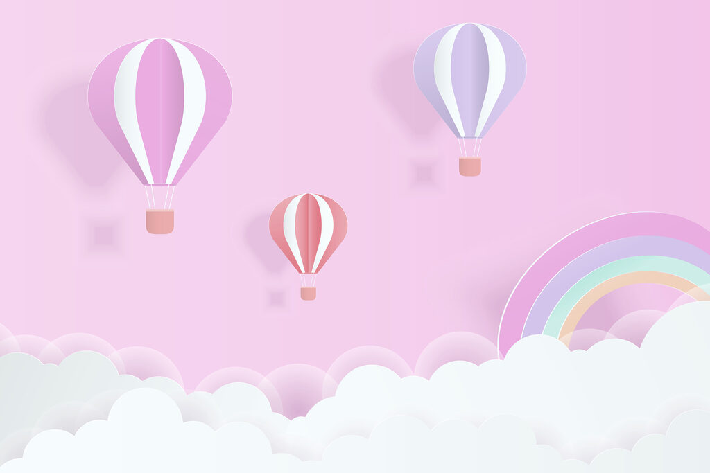 Pink background with balloons and a rainbow Pink background with balloons and a rainbow
