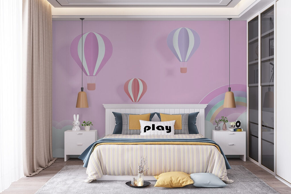 Pink background with balloons and a rainbow Pink background with balloons and a rainbow
