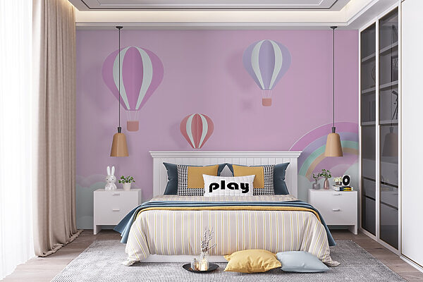 Pink background with balloons and a rainbow Pink background with balloons and a rainbow