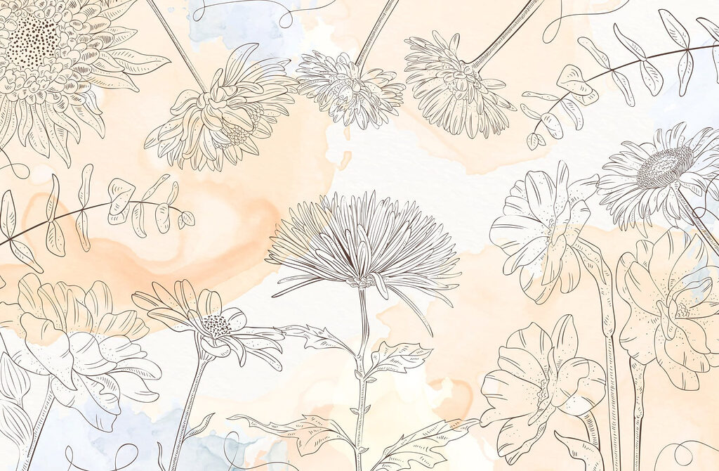 Drawing of flowers on a watercolor background Drawing of flowers on a watercolor background