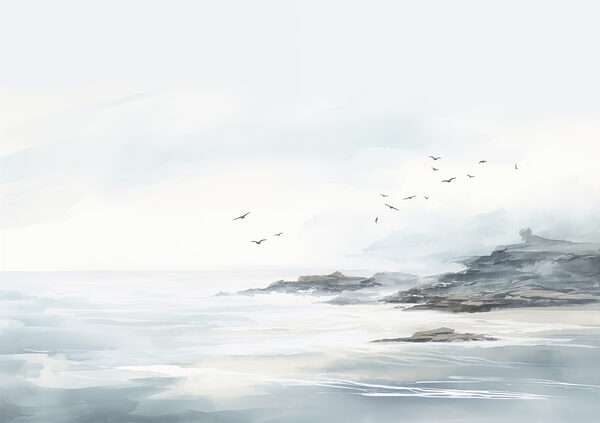 Birds flying over a rocky beach Birds flying over a rocky beach