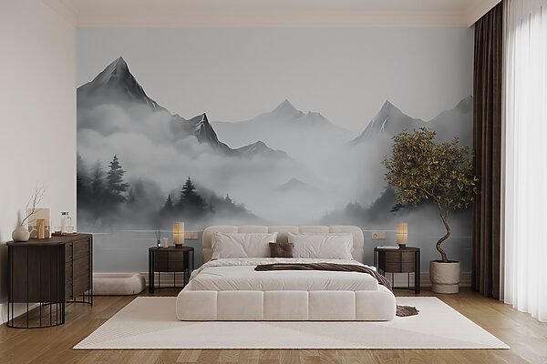Foggy mountain landscape with trees and mountains Foggy mountain landscape with trees and mountains