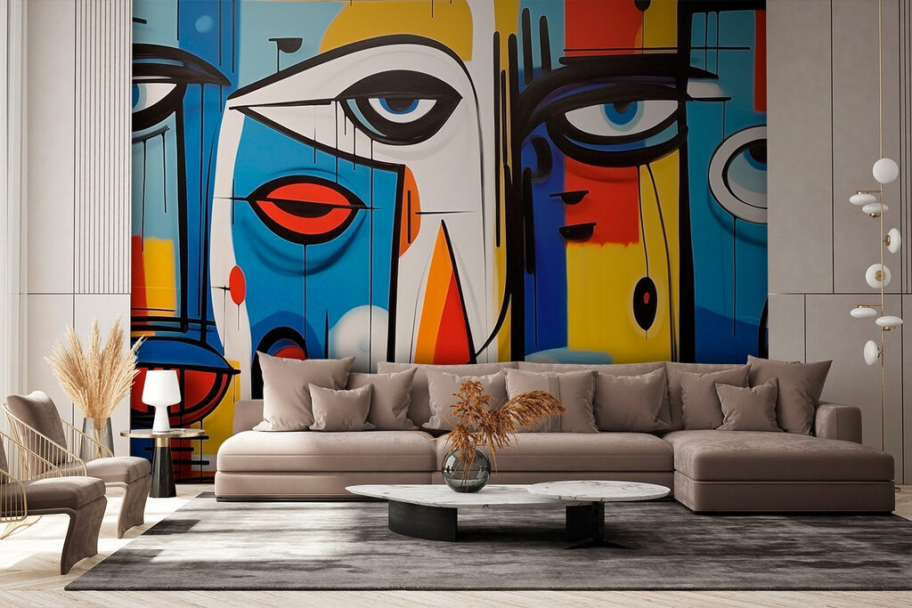 Colorful art piece with different faces