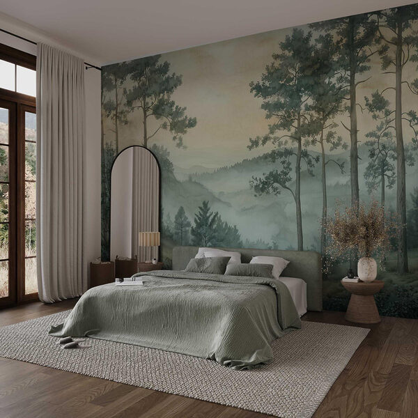 Painting of a forest with fog Painting of a forest with fog