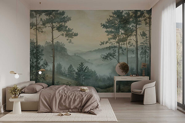 Painting of a forest with fog Painting of a forest with fog