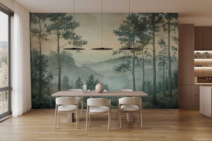 Painting of a forest with fog