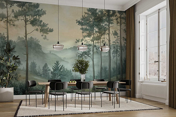 Painting of a forest with fog Painting of a forest with fog