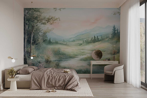 Watercolor painting of a river running through a valley Watercolor painting of a river running through a valley