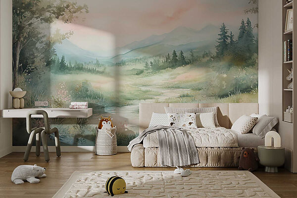 Watercolor painting of a river running through a valley Watercolor painting of a river running through a valley