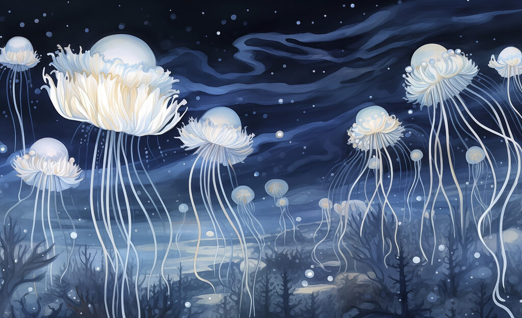 Group of jellyfish under the night sky Group of jellyfish under the night sky