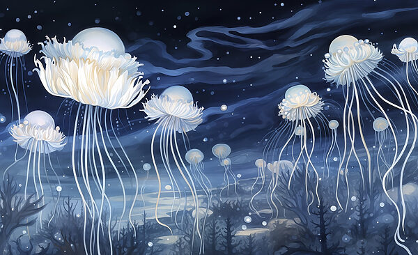 Group of jellyfish under the night sky Group of jellyfish under the night sky