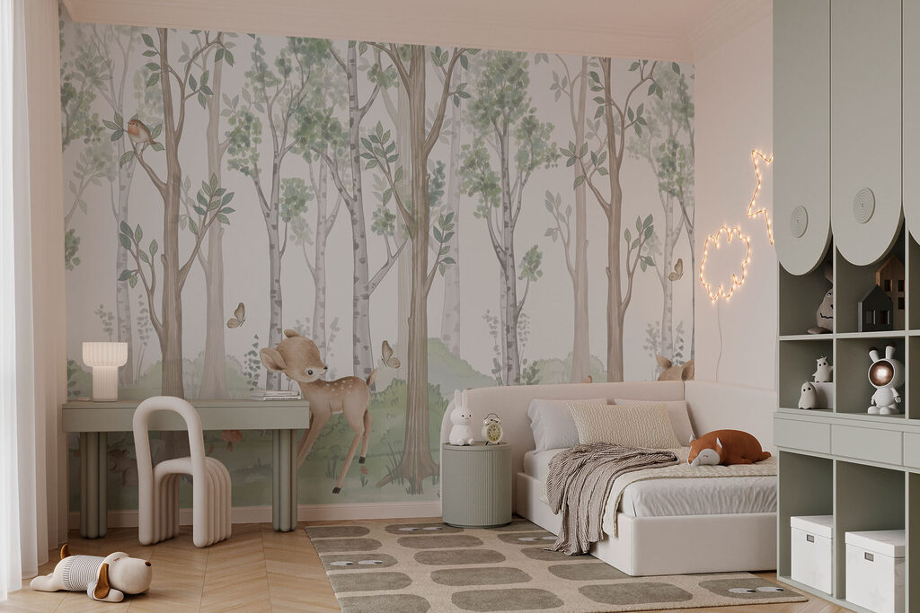 Wallpaper with a forest of trees and animals