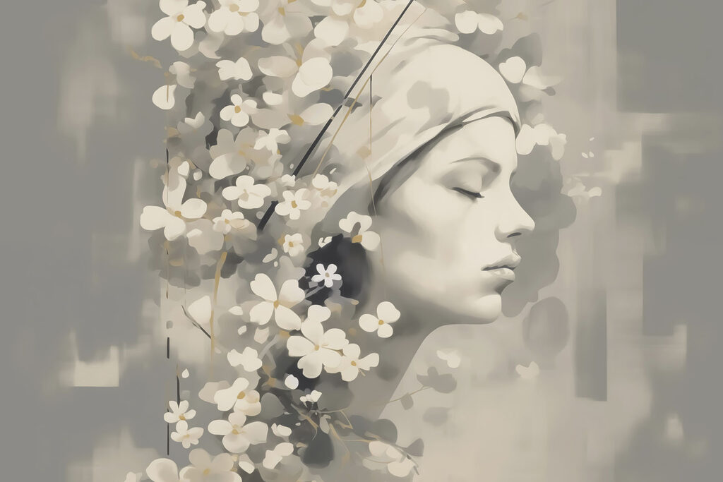 Gentle beauty in floral embrace Gentle beauty in floral embrace