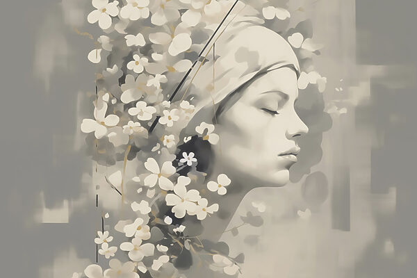 Gentle beauty in floral embrace Gentle beauty in floral embrace