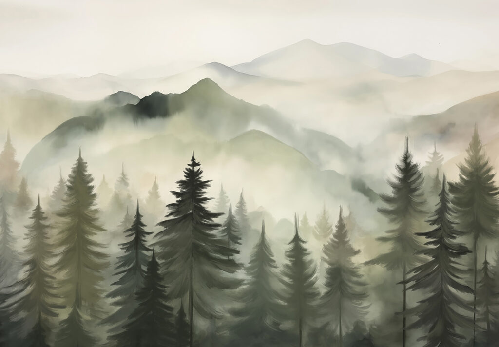 Foggy mountain range with trees Foggy mountain range with trees