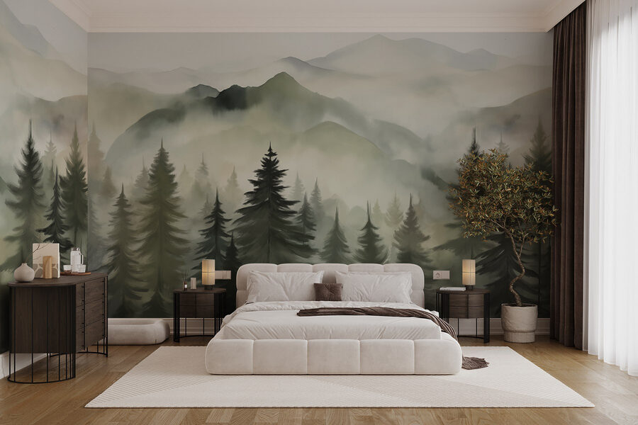 Foggy mountain range with trees Foggy mountain range with trees