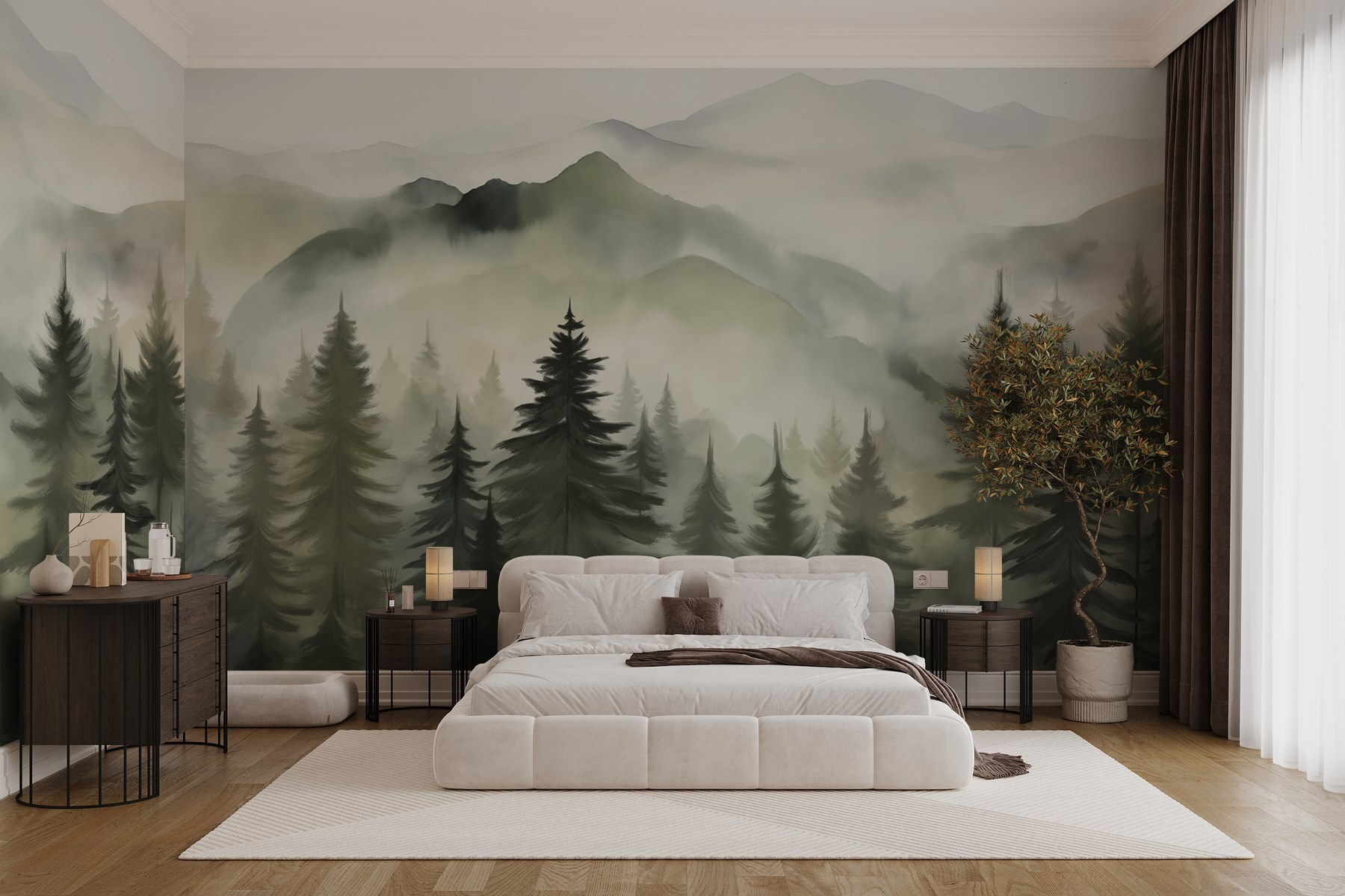Foggy mountain range with trees
