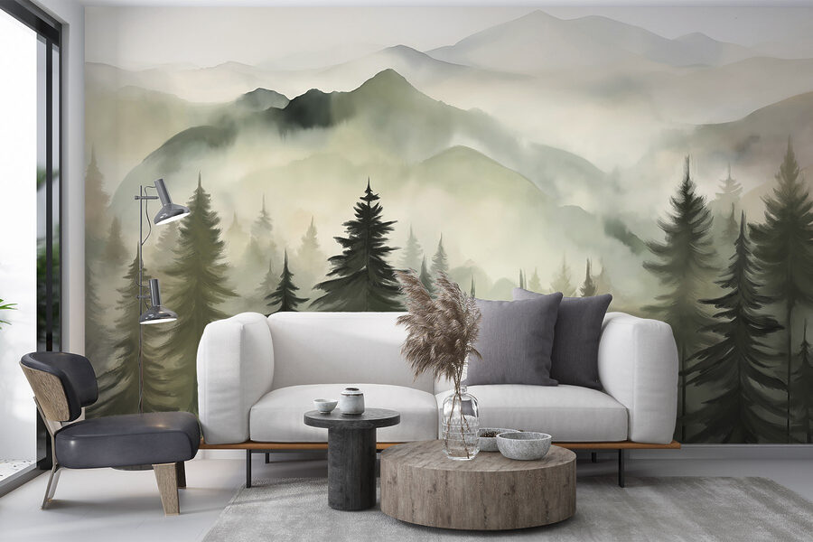 Foggy mountain range with trees Foggy mountain range with trees