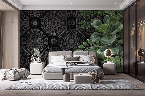Wall murals Black and grey wallpaper with green leaves (SKU: w08647) Wall murals Wall murals Black and grey wallpaper with green leaves (SKU: w08647)