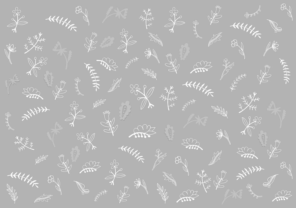 Grey background with white flowers and leaves Grey background with white flowers and leaves