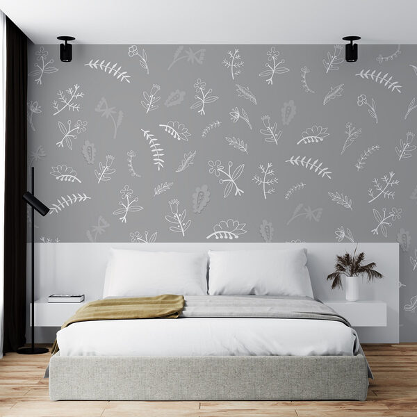 Grey background with white flowers and leaves Grey background with white flowers and leaves